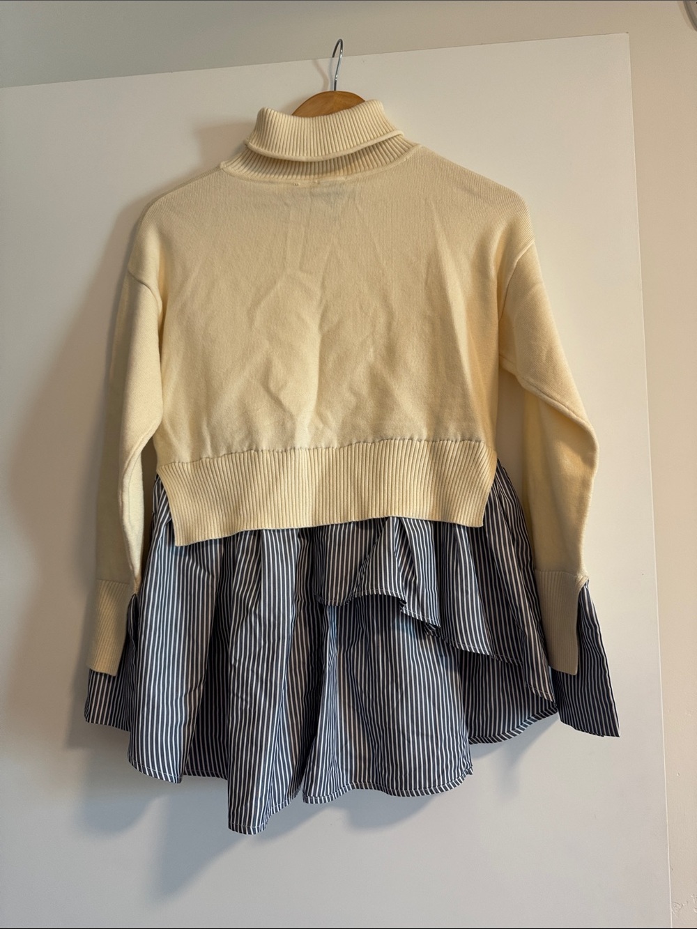 Maeve Cream Turtleneck Sweater with Blue-White Striped Shirt Hem - Picture 4 of 4